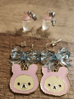Cute Pink Bear Bow Drop Earrings